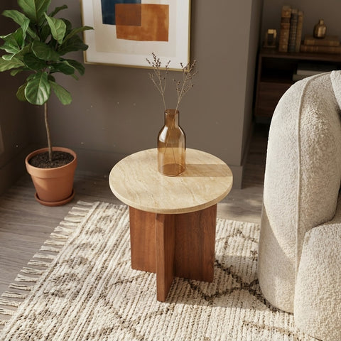 PRITI Contemporary Wooden Accent Table with Beige Travertine Surface