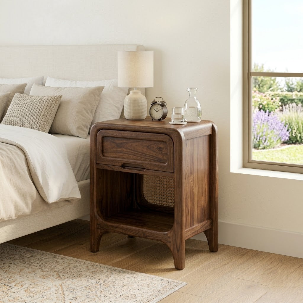PRITI Contemporary Wooden Nightstand with Drawer and Open Shelf