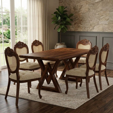 PRITI Crème Boucle Dining Chairs with Wooden Table