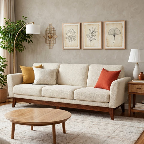 PRITI solid wood three seater sofa in Crème Boucle fabric