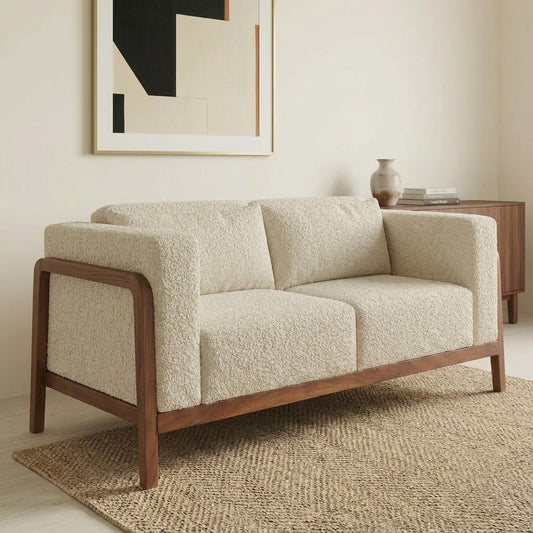 PRITI Cream Boucle Sofa | Solid Wood Frame Fabric Lounge Sofa