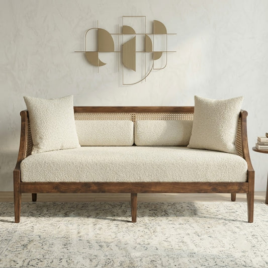 PRITI Curved Cane Sofa | Walnut Wood Frame with Boucle Fabric Cushions