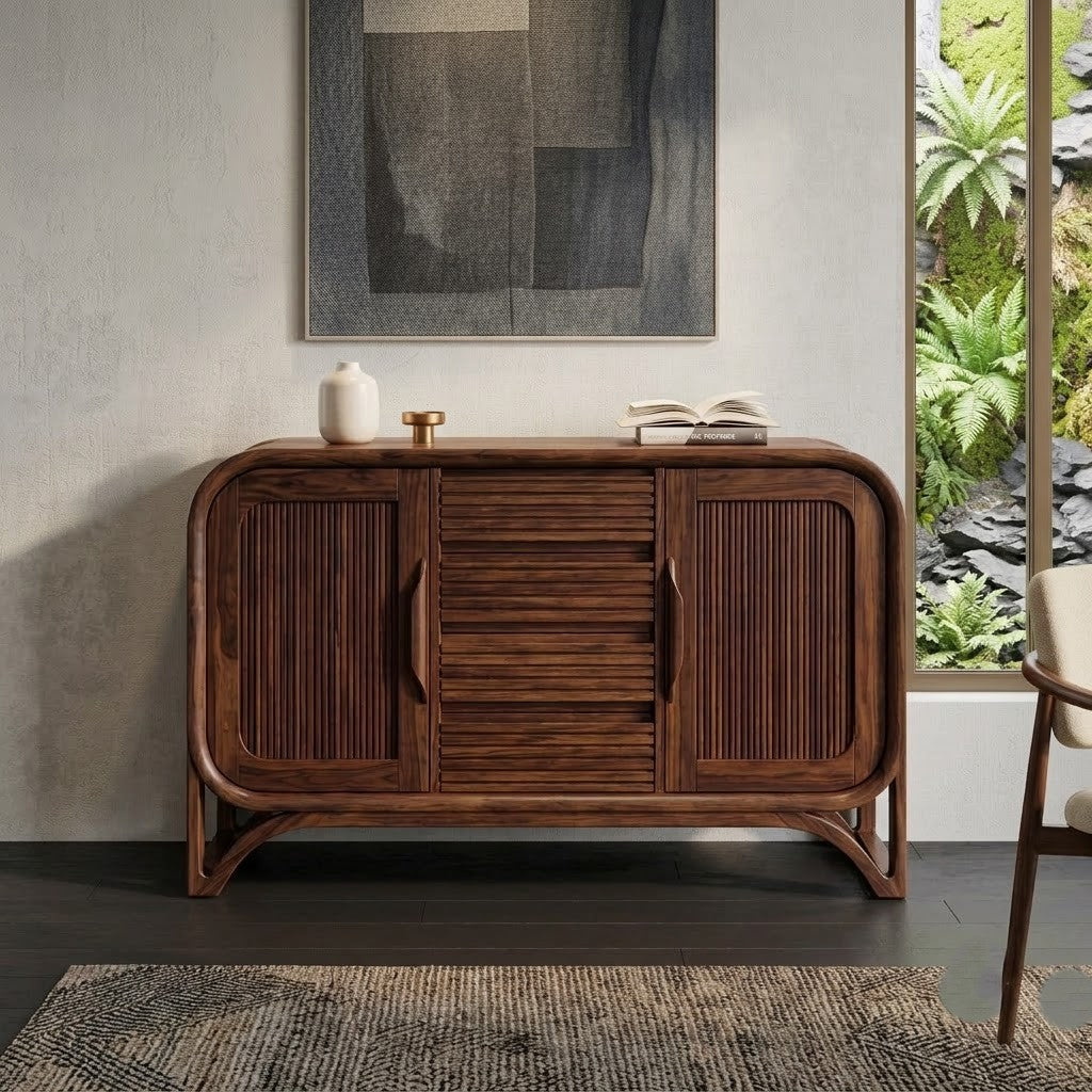PRITI Curved Sheesham Wood Sideboard with Fluted Drawers