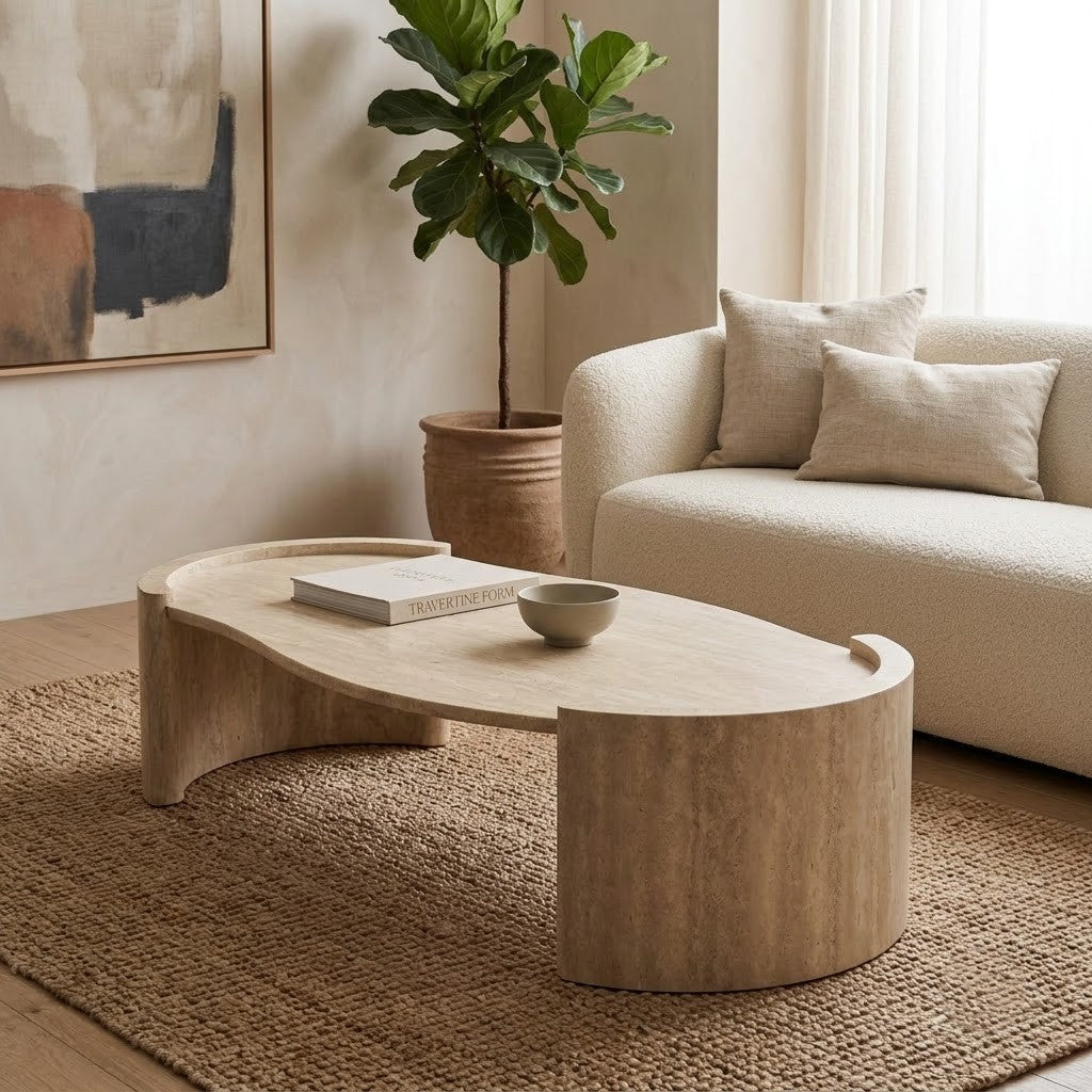 PRITI Curved Travertine Coffee Table – Organic Modern Shape