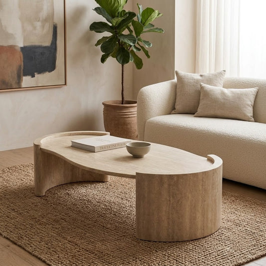 PRITI Curved Travertine Coffee Table – Organic Modern Shape