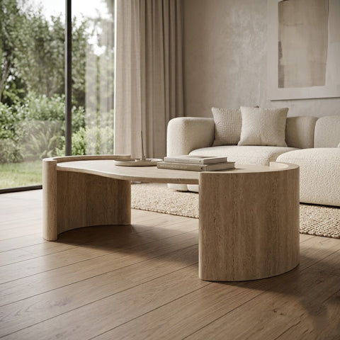 PRITI Curved Travertine Coffee Table – Organic Modern Shape