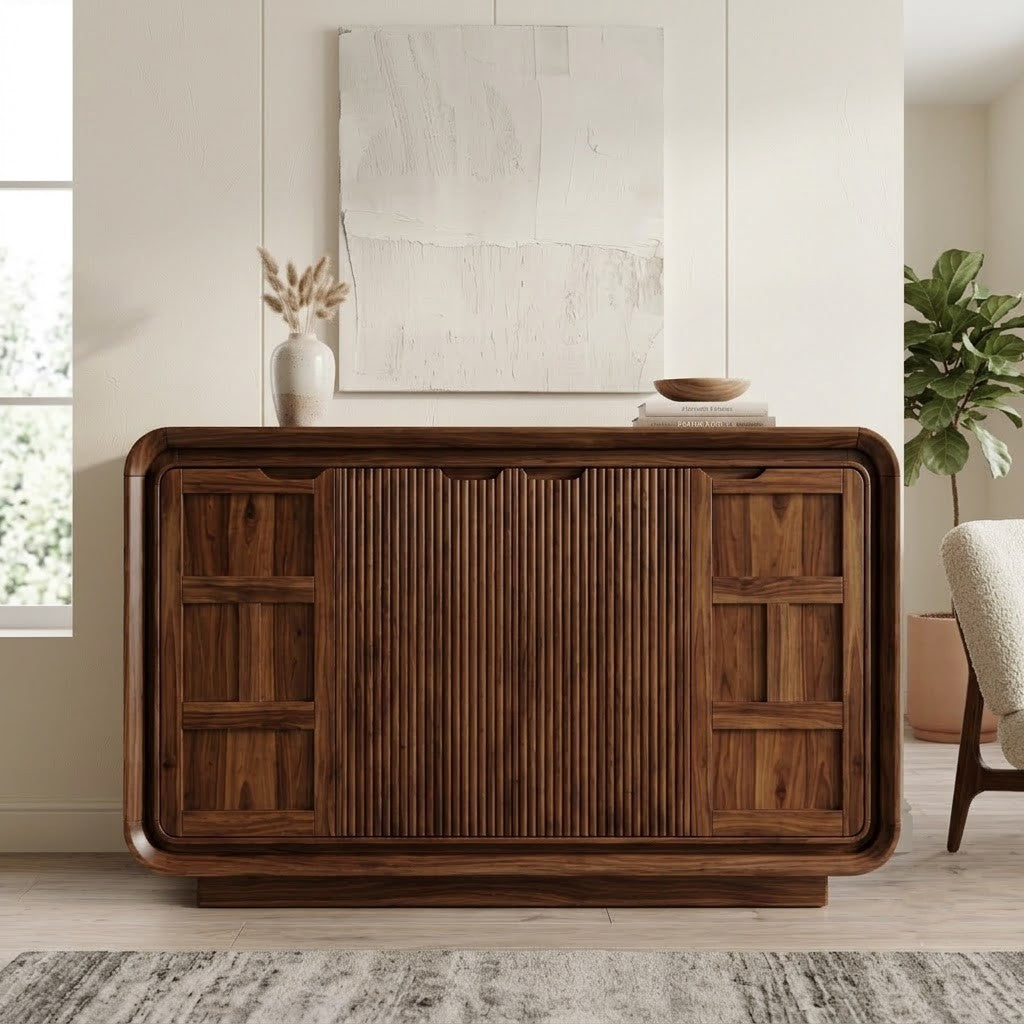 PRITI Curved Walnut Sideboard with Fluted Doors