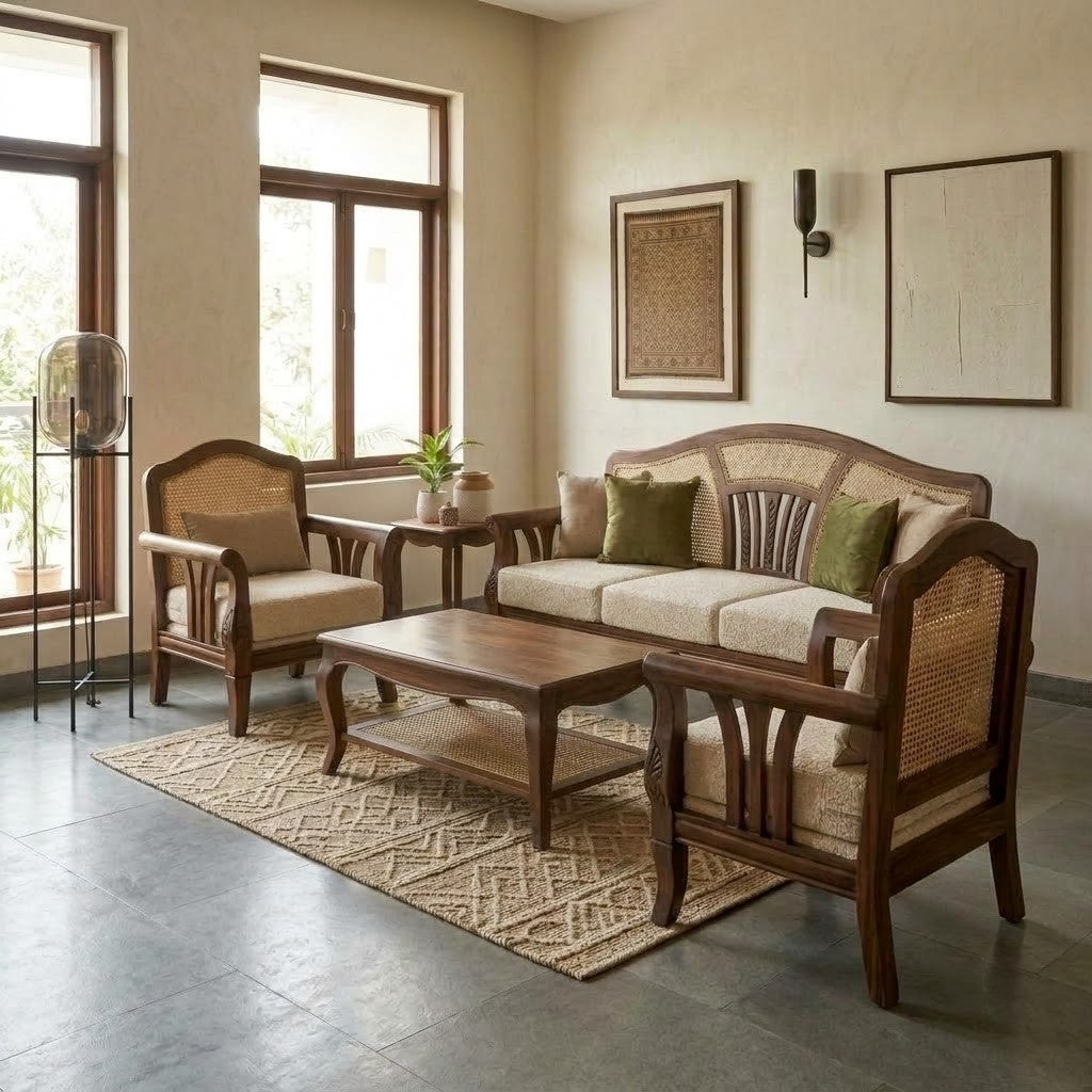 PRITI Dark Walnut 3+1+1 Sheesham wood sofa set