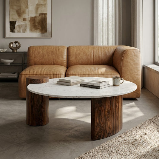 PRITI Dark Walnut Coffee Table – Round White Marble Top