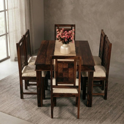 PRITI Dark Walnut Dining Set – Solid Wood Table with Boucle Upholstered Chairs