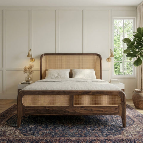 PRITI Dark Walnut King Bed with Cane Weave Design