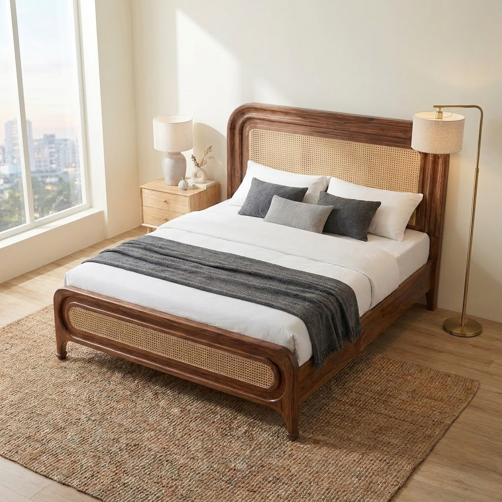 PRITI Dark Walnut King Bed with Cane Weave Headboard