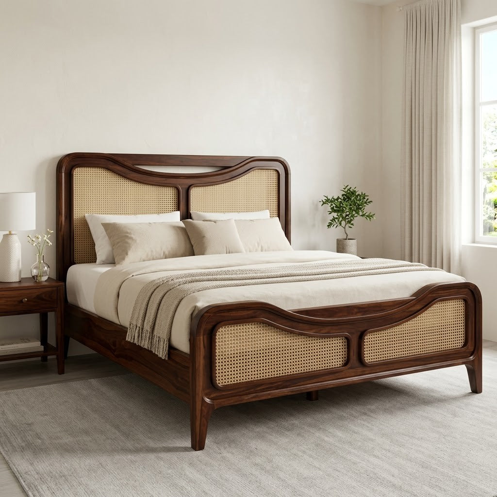 PRITI Dark Walnut King Bed with Handwoven Cane Panel