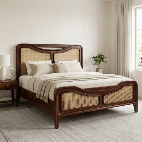 PRITI Dark Walnut King Bed with Handwoven Cane Panel