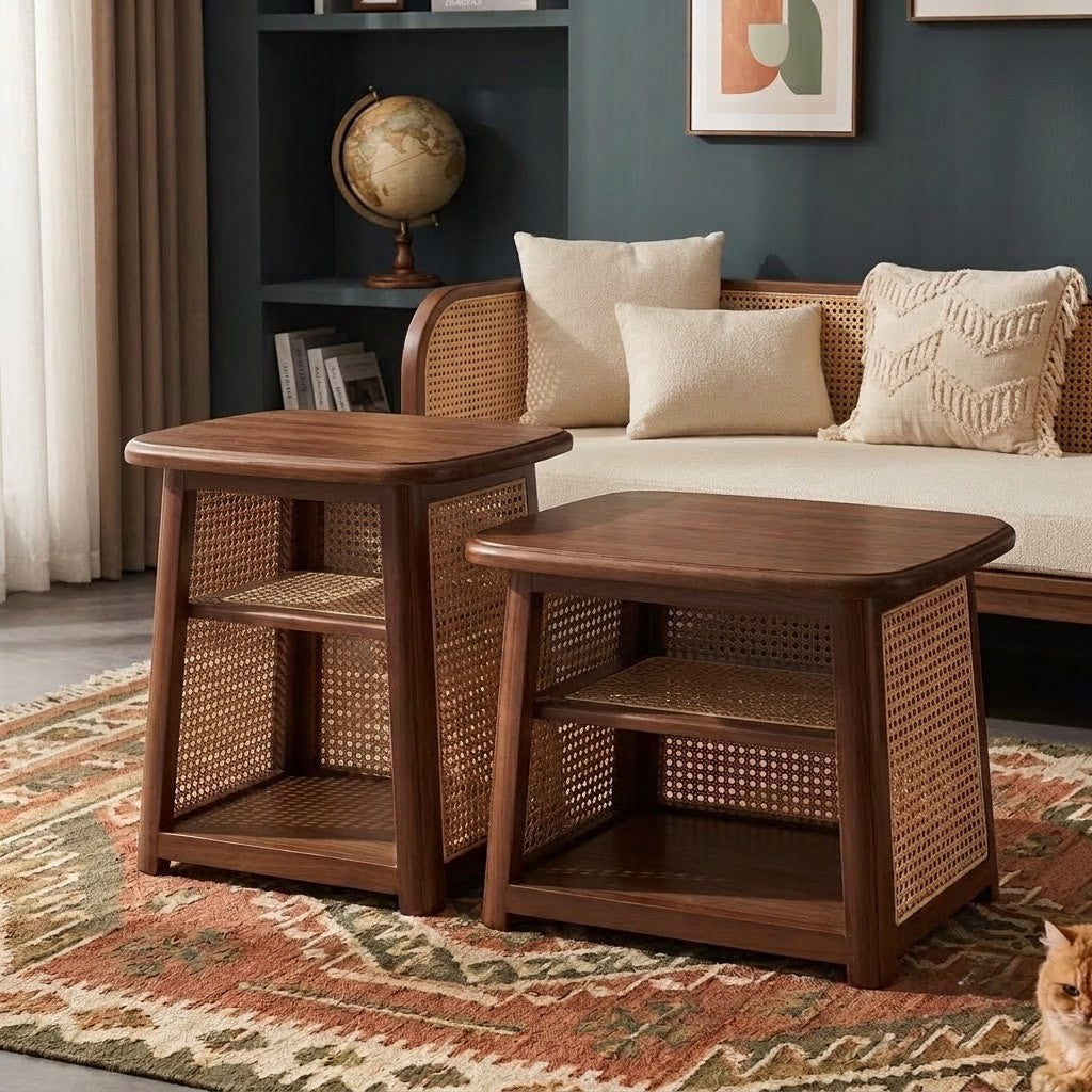 PRITI Dark Walnut Nesting Coffee Table Set with Rattan Cane