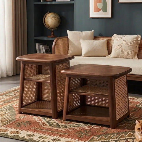 PRITI Dark Walnut Nesting Coffee Table Set with Rattan Cane