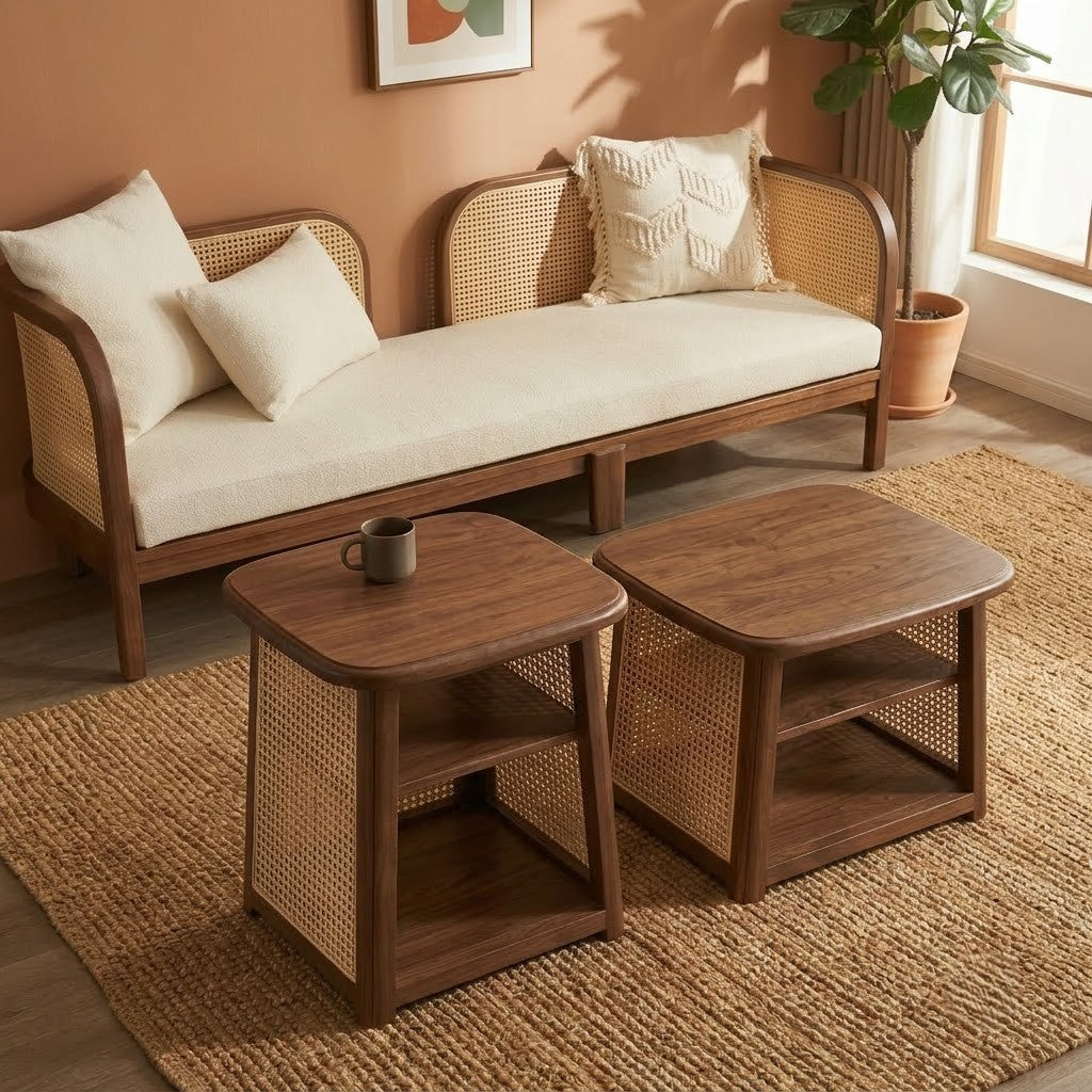 PRITI Dark Walnut Rattan Cane Coffee Table Set of 2