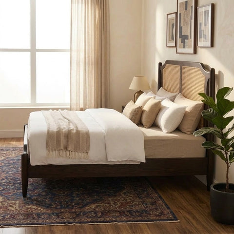 PRITI Dark Walnut Sheesham Bed with Cane Headboard