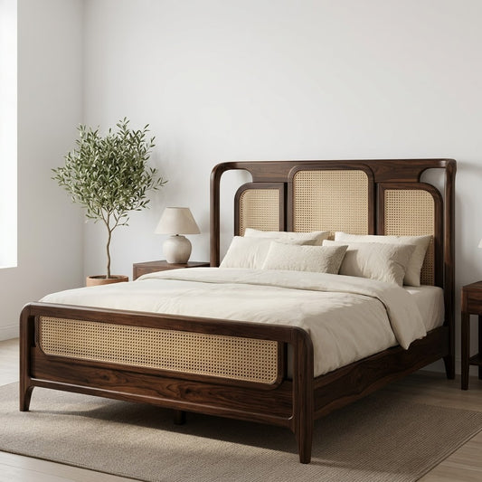 PRITI Dark Walnut Sheesham King Bed with Cane Headboard