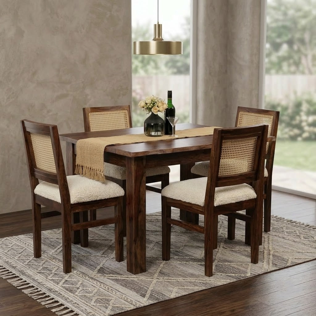 PRITI Dark Walnut Sheesham Wood 4 & 6 Seater Dining Table with Upholstered Dining Chairs