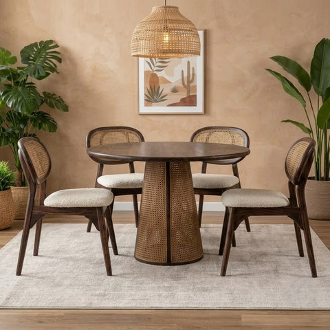 PRITI Dark Walnut Sheesham Wood 4 Seater Dining Table with Crème Boucle Chairs