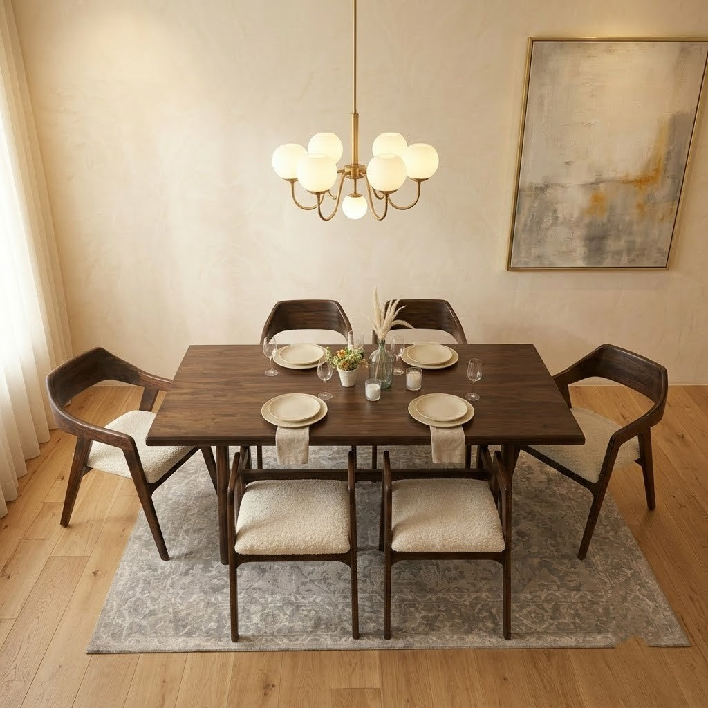 PRITI Dark Walnut Sheesham Wood 6 Seater Dining Set | Crème Boucle Chairs