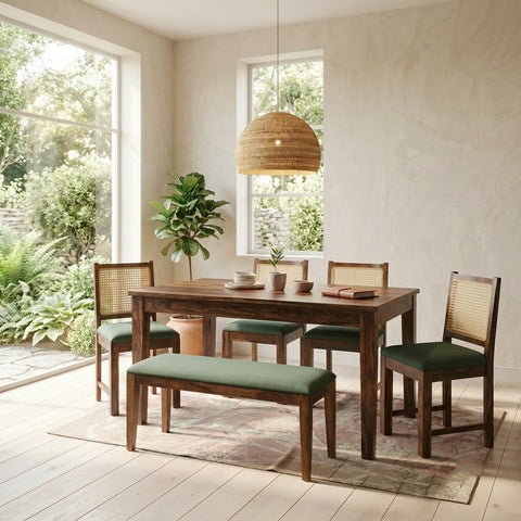 PRITI Dark Walnut Sheesham Wood 6 Seater Dining Table Set with Cane Back Chairs