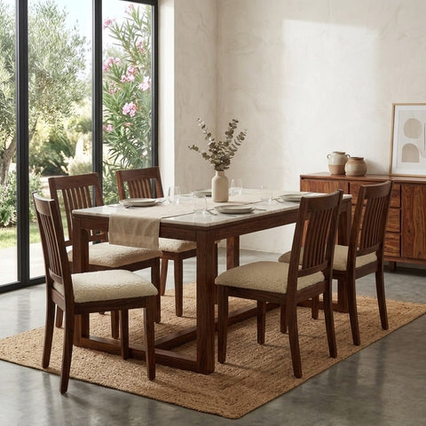 PRITI Dark Walnut Sheesham Wood 6 Seater Dining Table Set with Ceramic Marble Top