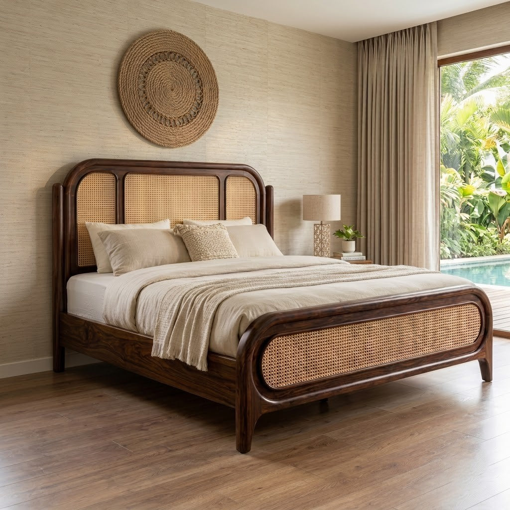 PRITI Dark Walnut Sheesham Wood Bed with Cane Weave Headboard – King Size Bed Without Storage