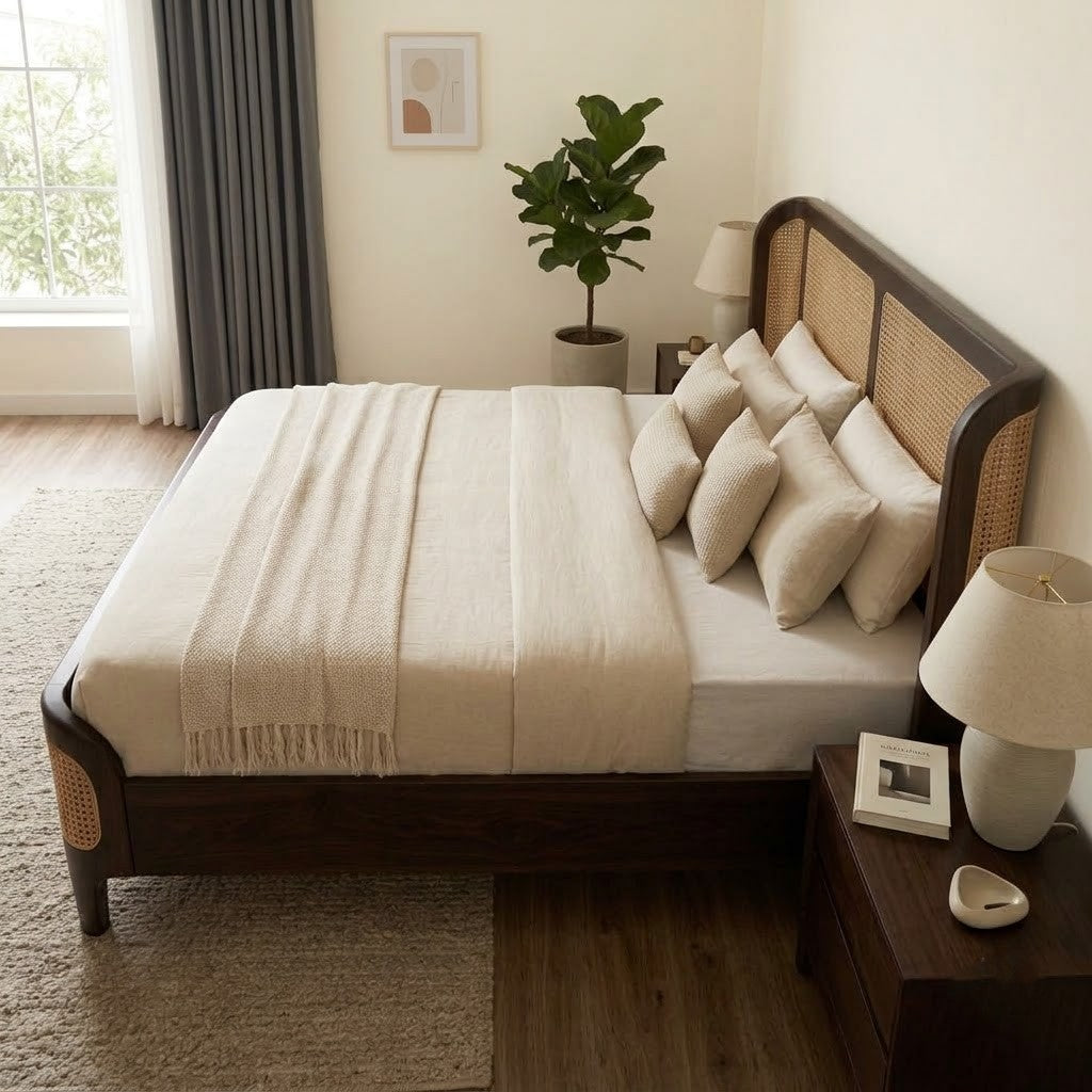 PRITI Dark Walnut Sheesham Wood Bed with Cane