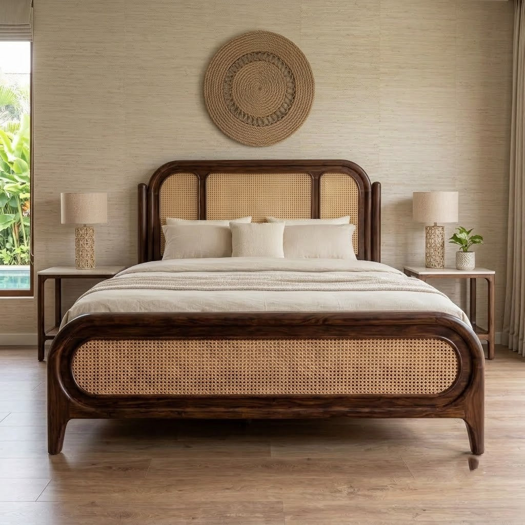 PRITI Dark Walnut Sheesham Wood Bed with Cane Weave Headboard – King Size Bed Without Storage