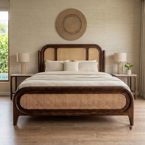 PRITI Dark Walnut Sheesham Wood Bed with Cane Weave Headboard – King Size Bed Without Storage