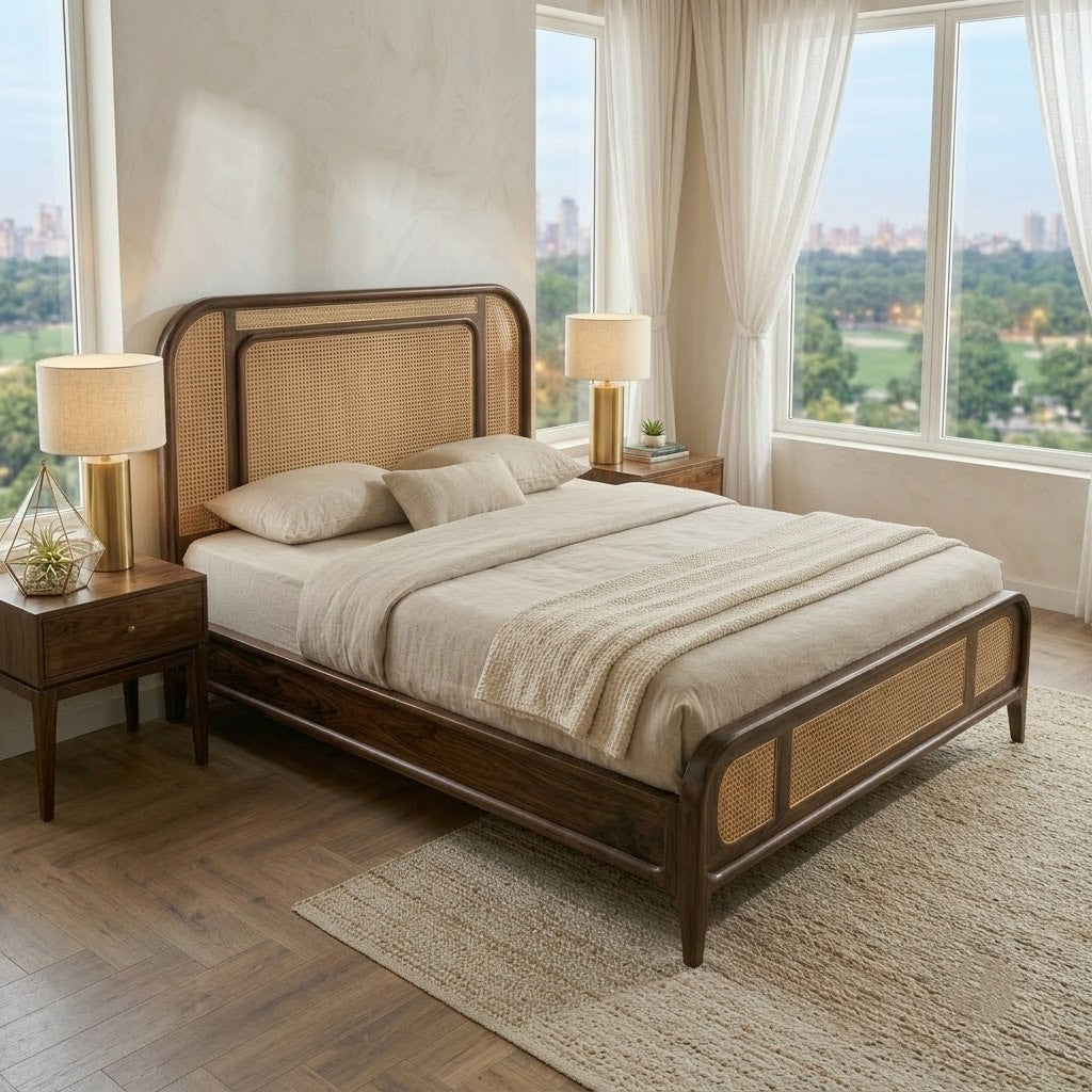 PRITI Dark Walnut Sheesham Wood Bed with Cane Weaving Headboard