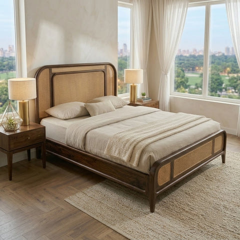 PRITI Dark Walnut Sheesham Wood Bed with Cane Weaving Headboard