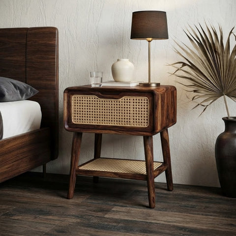 PRITI Dark Walnut Sheesham Wood Bedside Table with Cane Drawer
