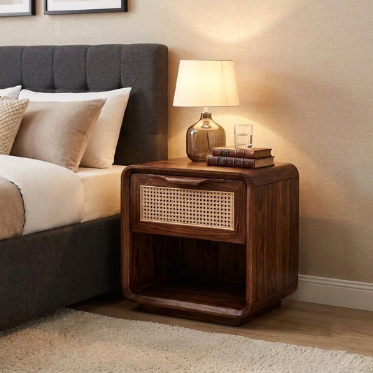 PRITI Dark Walnut Sheesham Wood Bedside Table with Cane Front
