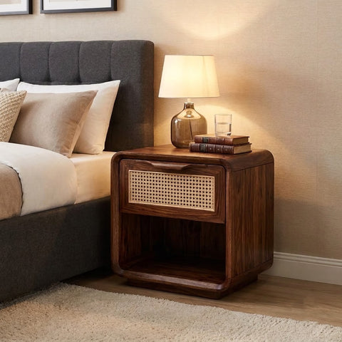 PRITI Dark Walnut Sheesham Wood Bedside Table with Cane Front