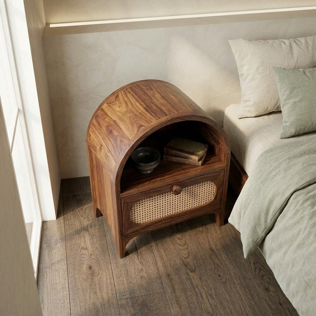 PRITI Dark Walnut Sheesham Wood Bedside Table with Cane Storage