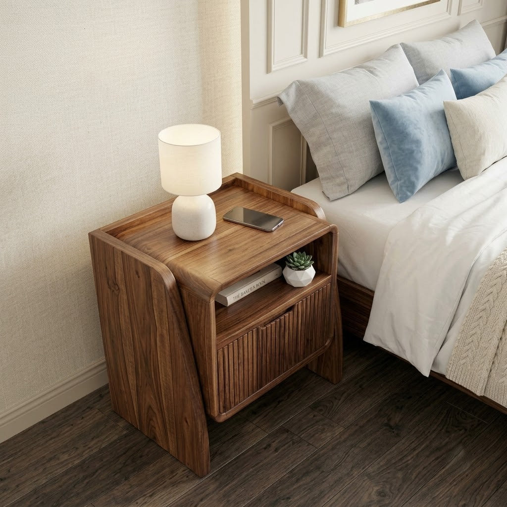 PRITI Dark Walnut Sheesham Wood Bedside Table with Drawer