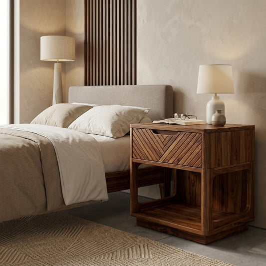 PRITI Dark Walnut Sheesham Wood Bedside Table with Geometric Drawer