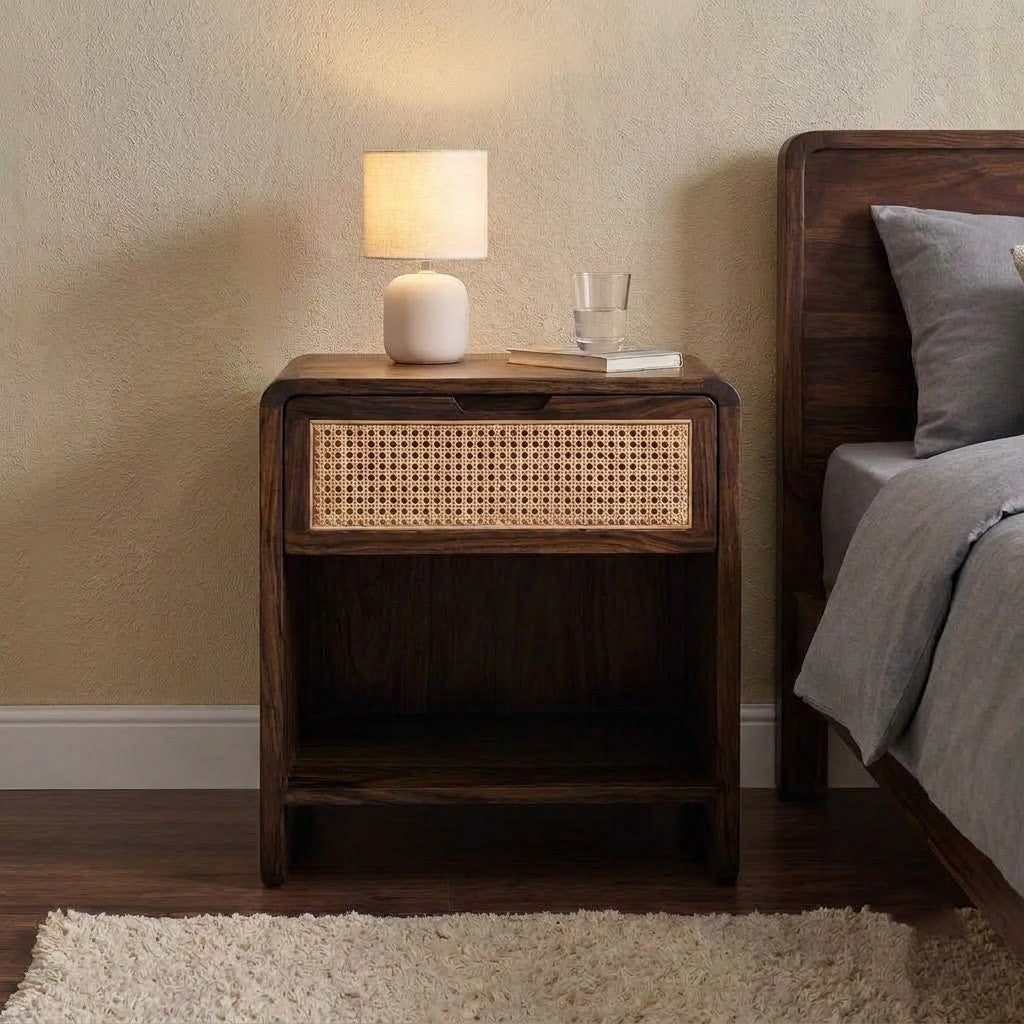 PRITI Dark Walnut Sheesham Wood Bedside Table with Open Shelf