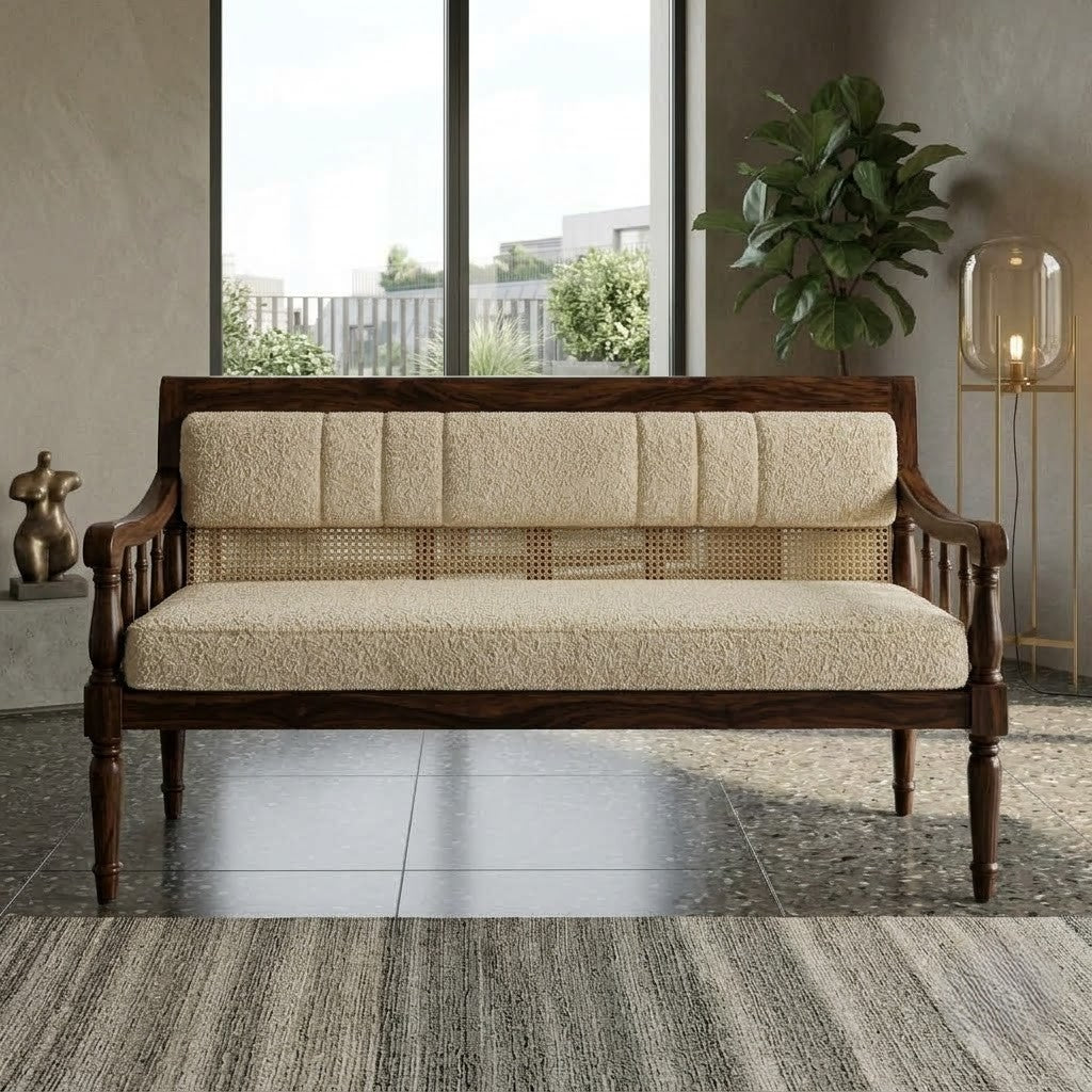 PRITI Dark Walnut Sheesham Wood Bench with Crème Boucle Cushioned Seat