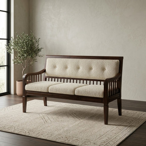 PRITI Dark Walnut Sheesham Wood Bench with Textured Crème Boucle Seat
