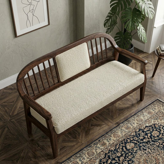 PRITI Dark Walnut Sheesham Wood Bench with Textured Crème Boucle Seat