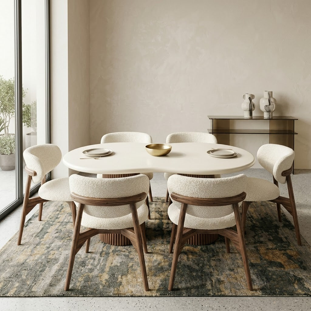 PRITI Dark Walnut Sheesham Wood Dining Table Set with 6 Boucle Fabric Chairs