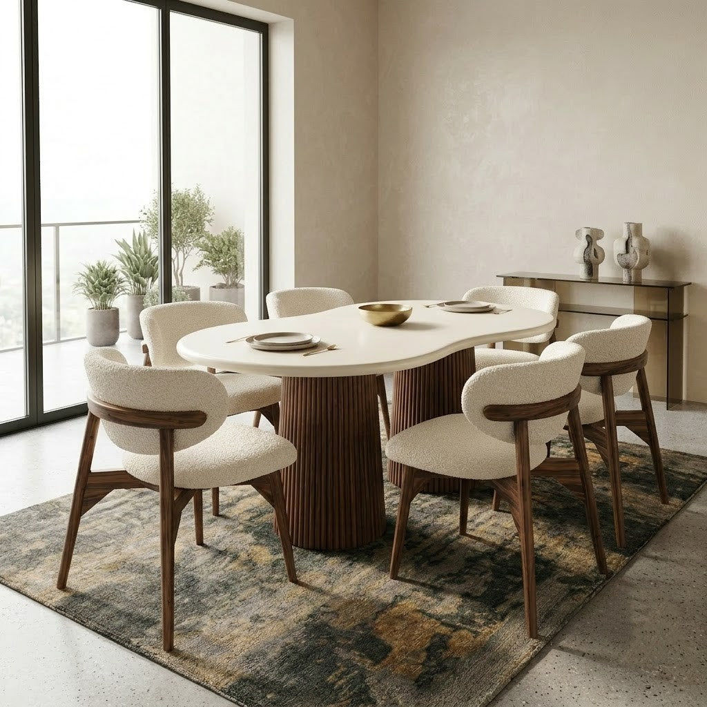PRITI Dark Walnut Sheesham Wood Dining Table Set with 6 Boucle Fabric Chairs