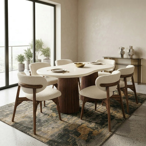 PRITI Dark Walnut Sheesham Wood Dining Table Set with 6 Boucle Fabric Chairs