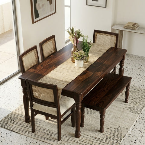 PRITI Dark Walnut Sheesham Wood Dining Table Set with Crème Boucle Chairs