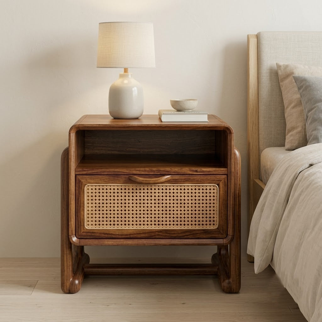 PRITI Dark Walnut Sheesham Wood Nightstand with Cane Front Drawer