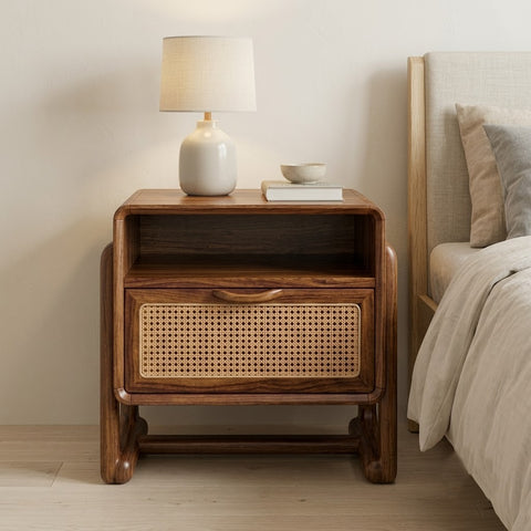 PRITI Dark Walnut Sheesham Wood Nightstand with Cane Front Drawer